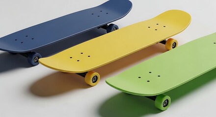 Colorful skateboards aligned on white background casting shadows, skate objects