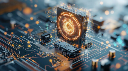 High-tech circuit board with glowing processor.  Complex network of electronic components