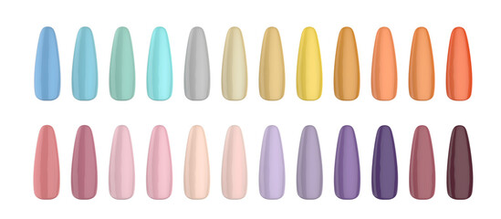 Nail polish palette. Nail polish in different fashion color. Colorful nail lacquer in tips isolated. Cosmetic products