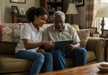 Teenage Grandchild Patiently Teaching its Grandparent How to Use a Tablet on a Cozy Sofa