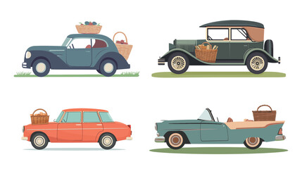 Naklejka premium Vintage Car with Picnic Basket – Retro Vector Illustration for Travel and Leisure Concepts