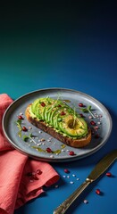  Vibrant and Dramatic Avocado Toast with Microgreens on a Jewel-Toned Background for Social Media