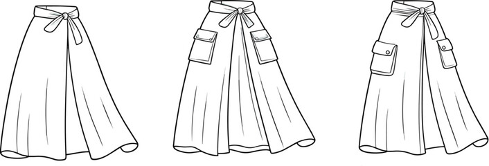 Fashionable wrap skirts with pockets, technical CAD drawing, flat vector illustration, apparel design, stylish garment sketches, Adobe Stock fashion assets