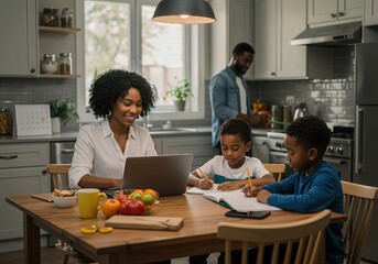Modern Family Balancing Remote Work and Children's Homework in a Busy Integrated Kitchen Space