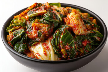 A black bowl of freshly made spicy Korean kimchi with leafy green vegetables and red chili paste on a white background.