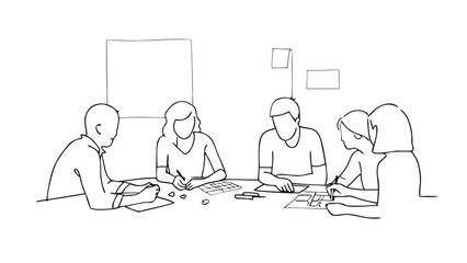 Five people are sitting around a table with papers and pens in a meeting or workshop setting shown in line art