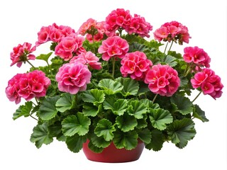 Close up of bright pink geranium flowers with green leaves in pot