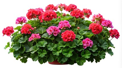 Abundance of Red and Pink Geranium Flowers with Vibrant Green Leaves