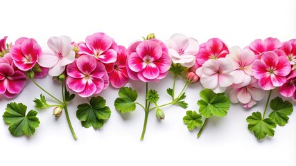 Beautiful composition of pink and white geranium flowers with fresh green leaves