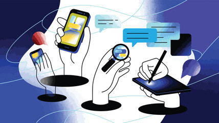 Illustration of five stylized hands using smartphone, tablet with stylus, magnifying glass, and speech bubbles representing digital communication and analysis