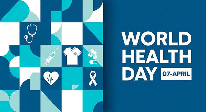 World Health Day graphic with medical icons and text on a blue background celebrating April 7 image
