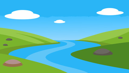 Minimal Cartoon Landscape with Calm River 