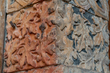 Intricate stone carvings of leaves adorn the walls of Colegiata de Santa Maria la Mayor in Toro, Zamora province, Castilla y Leon