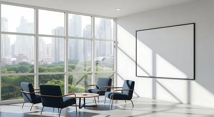 Modern, minimalist waiting area with city views and blank poster.
