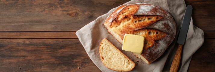 Rustic bread and butter with knife on linen napkin for food blog, 3:1 banner image in warm tones with copy space on left for text or branding