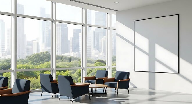 Fototapeta Modern waiting area with large windows offering a city park view and a blank frame for advertisement.