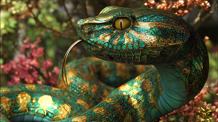 The serpent of Genesis in the Garden of Eden, temptation, deception and the fall of man, ornate beautiful reptile with green jeweled scales, a symbol of evil, original sin and danger

