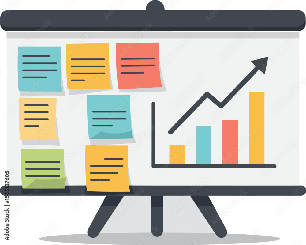 Poster presentation board with sticky notes and a bar graph showing upward growth.