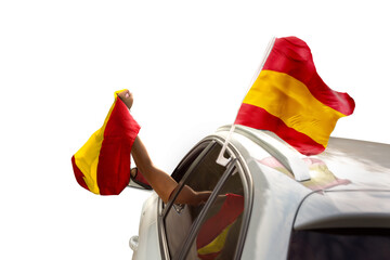 Fan with Spanish flag celebrating in car on transparent background