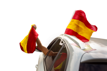 Fan with Spanish flag celebrating in car on transparent background