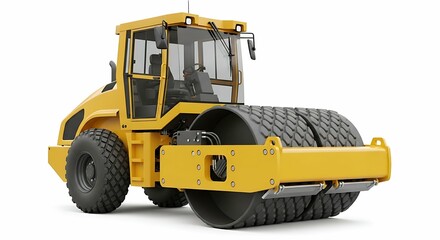 Fototapeta premium Yellow road roller, heavy machinery, construction equipment, isolated on white background.