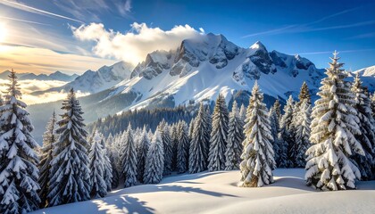 Fototapeta premium Snowy Mountain Peaks and Evergreen Trees on a Sunny Winter Day
