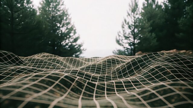 Abstract digital grid overlaying a blurred forest landscape with pine trees