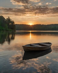 A serene sunrise over a calm lake with a boat and dock, evoking tranquility and reflection.