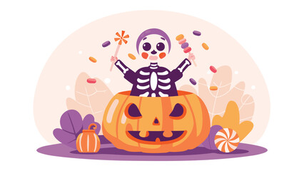 Fototapeta premium Cartoon skeleton in a pumpkin holding candy with other candy scattered around in a halloween theme