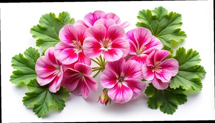 Captivating floral arrangement showcases vibrant pink geraniums with lush green foliage on white background