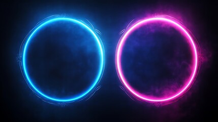 Fototapeta premium Two glowing neon circles on a dark background (1)