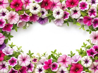 A vibrant frame of multicolored petunia flowers and lush green leaves