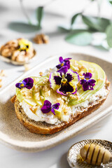 bruschetta with cottage cheese, pear, walnut and honey