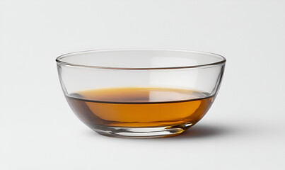 A clear glass bowl filled with a small amount of amber-colored liquid, set against a plain white background.