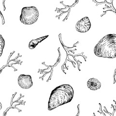 Black and white marine seamless pattern with variety of seashells and coral branches. The hand drawn vector illustration in sketch style. Ideal for coastal themed designs fabrics nautical decorations.