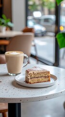 Latte and Sponge Cake on Caf&eacute; Table with Cozy Interior