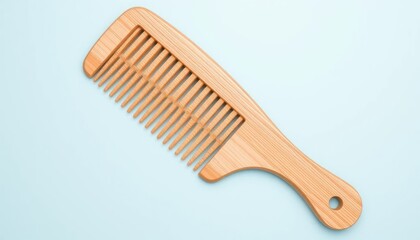 Wooden comb isolated on a light blue background, top view and flat lay