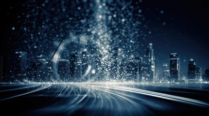 Futuristic Cityscape at Night with Light Trails and Particle Effects - Powered by Adobe