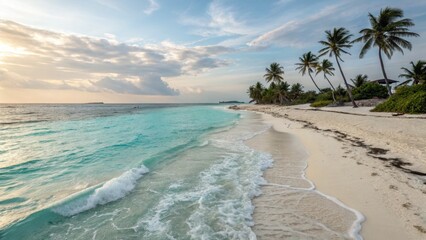 Tropical paradise beach with turquoise water and palm trees at sunset