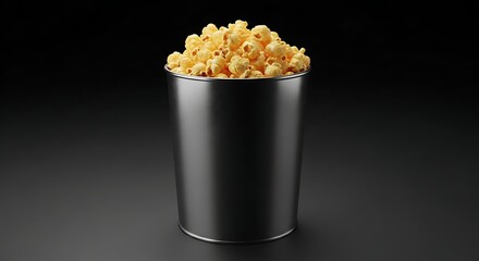 Delicious popcorn overflowing from a sleek metallic bucket, on dark backdrop