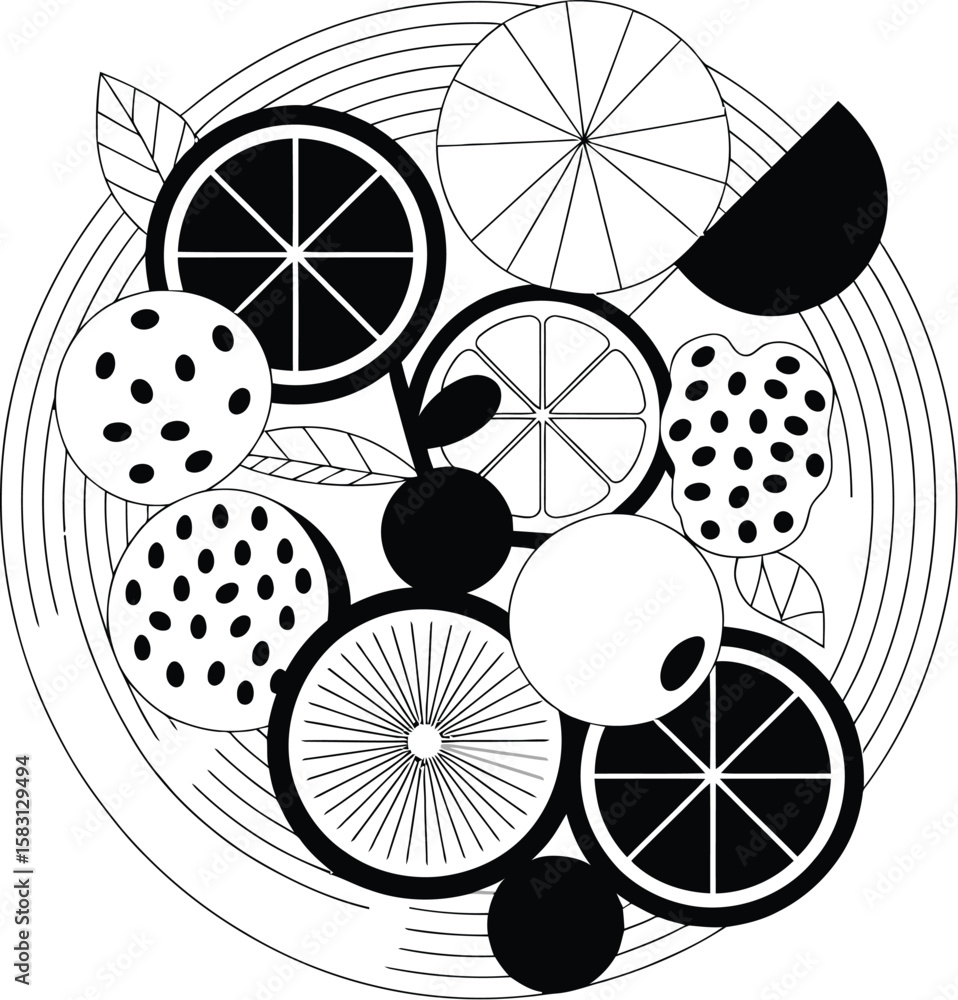 Poster whimsical drawing displays sliced citrus fruits with circular patterns