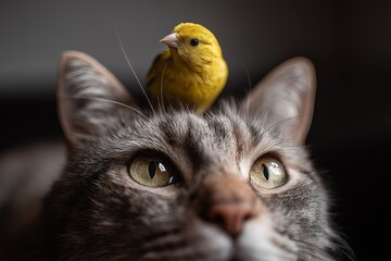 A yellow bird confidently sits on a curious cat's head, capturing a moment of unlikely companionship and curiosity.