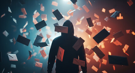 Mysterious Figure Surrounded by Floating Letters A Concept of Information Overload and Data Breach.