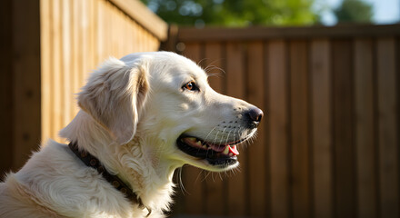 Golden Retriever Dog Profile in Sunlight with Wooden Fence Background