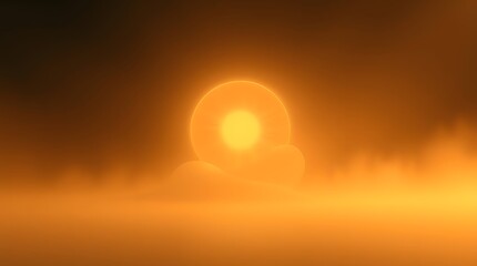 Fototapeta premium A serene abstract image depicting a glowing golden sun or celestial body partially obscured by soft, ethereal mist or clouds, casting a warm, atmospheric glow over a monochromatic landscape