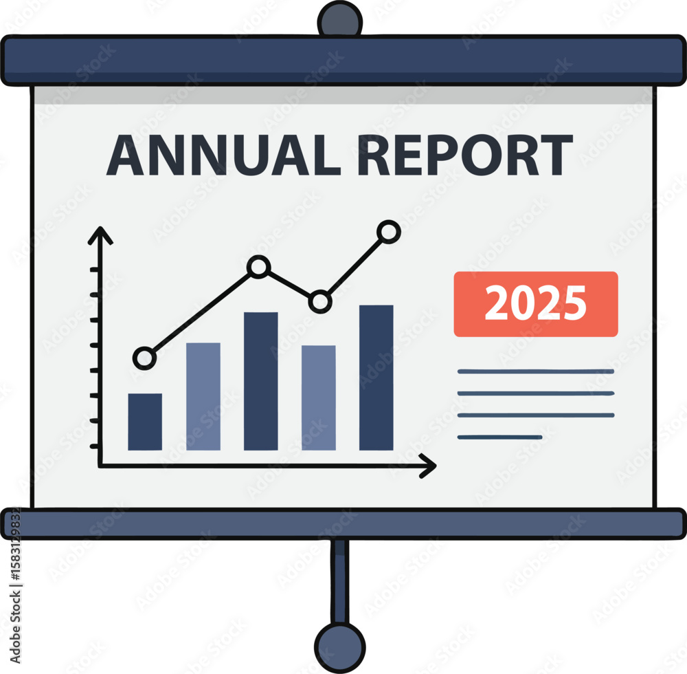 Poster a presentation screen displaying a financial annual report with charts and data.