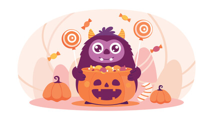 Cute monster holding a pumpkin bucket filled with halloween candy and lollipops illustration