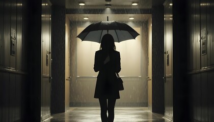 Woman silhouette umbrella rain elevator dark moody cinematic scene photography