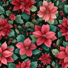 Hand-painted watercolor seamless pattern of poinsettias and holly in red and green, textured artisanal style, repeats indefinitely