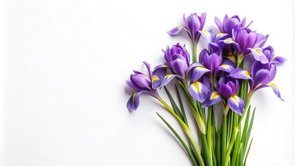 Elegant bouquet of vibrant purple irises on a clean white background creates serenity